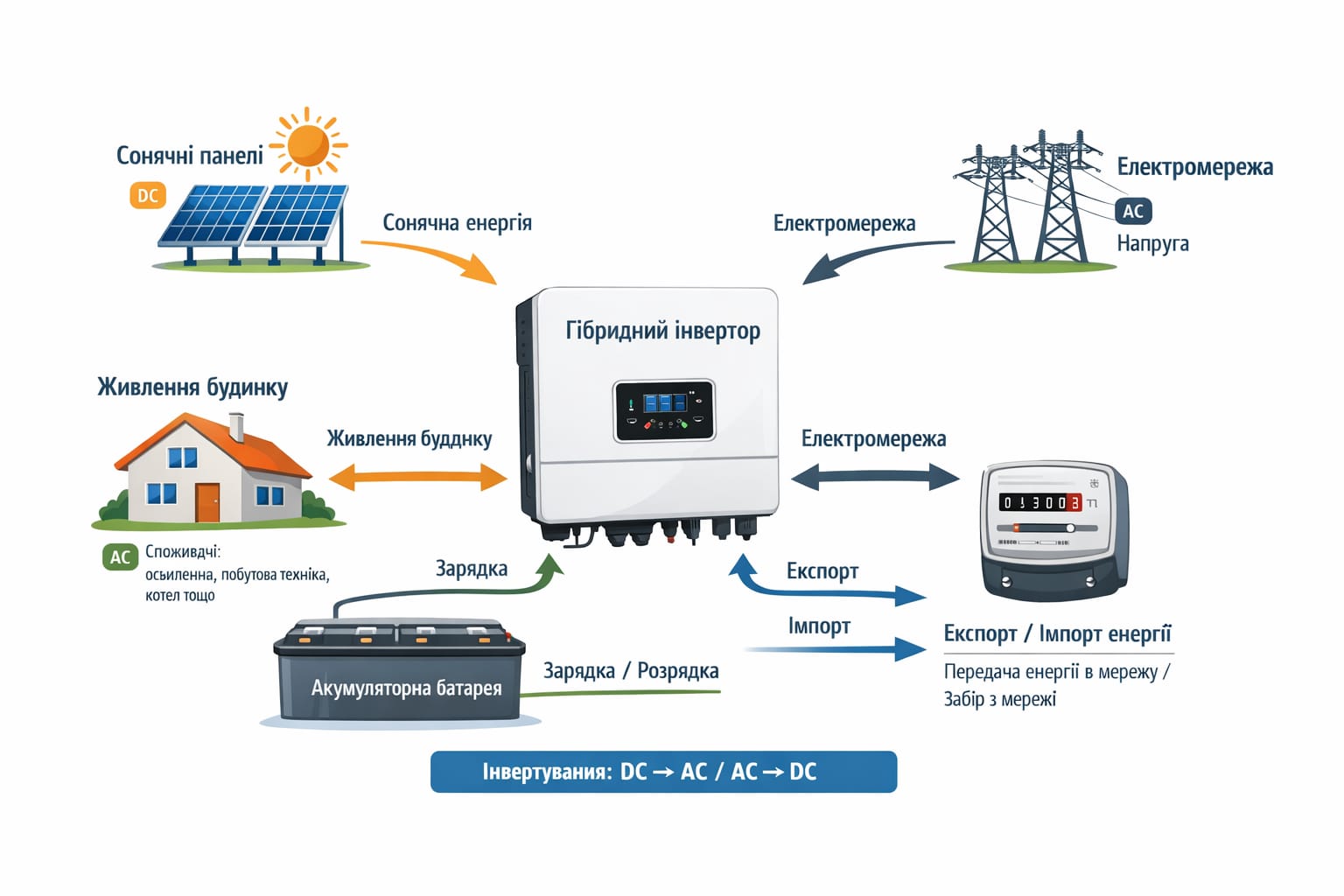 Infographics of the operation of a hybrid inverter for a solar power plant