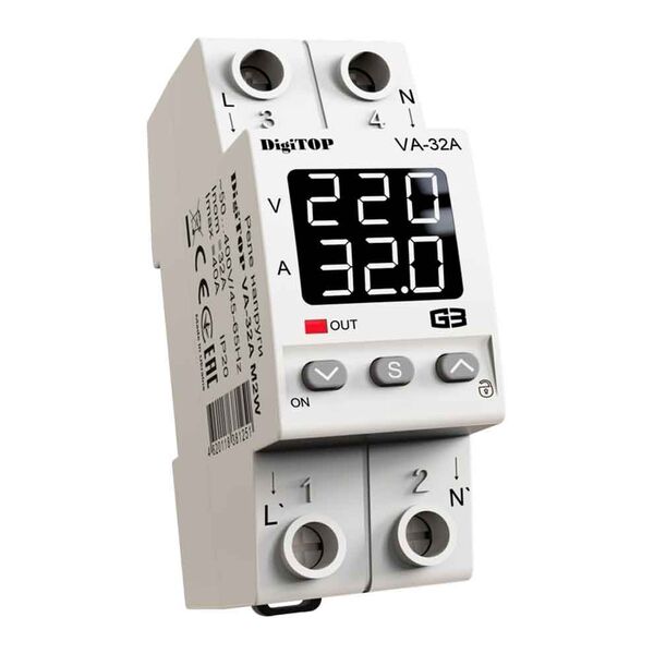 DigiTOP VA-32A M2W - реле напруги з контролем струму 32А DigiTOP VA-32A M2W - реле напруги з контролем струму 32А