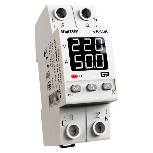 DigiTOP VA-50A M2W - реле напруги з контролем струму 50А DigiTOP VA-50A M2W - реле напруги з контролем струму 50А
