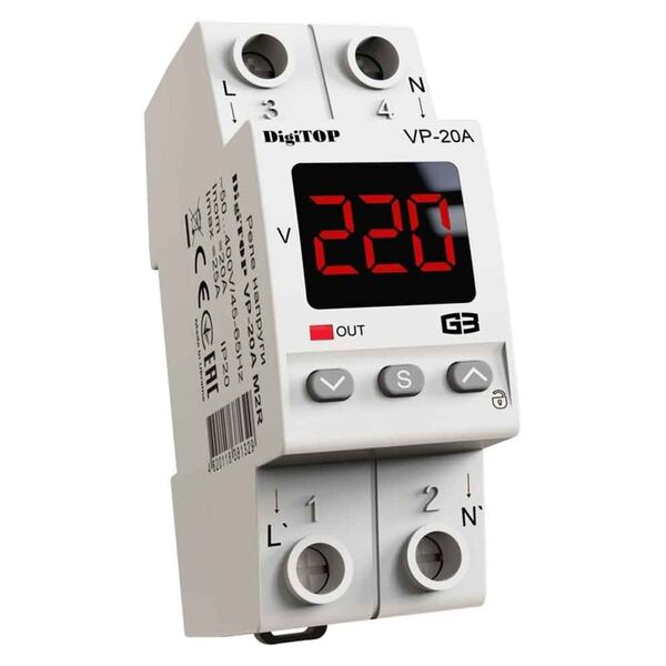 DigiTOP VP-20A M2R - реле напруги 20А DigiTOP VP-20A M2R - реле напруги 20А