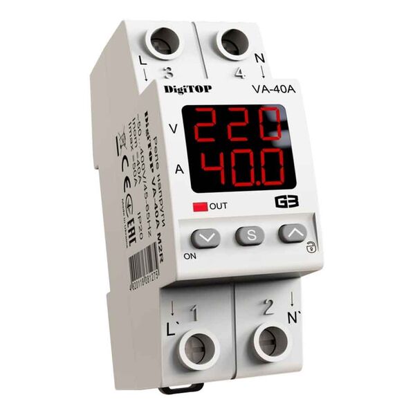 DigiTOP VA-40A M2R - реле напруги з контролем струму 40А DigiTOP VA-40A M2R - реле напруги з контролем струму 40А