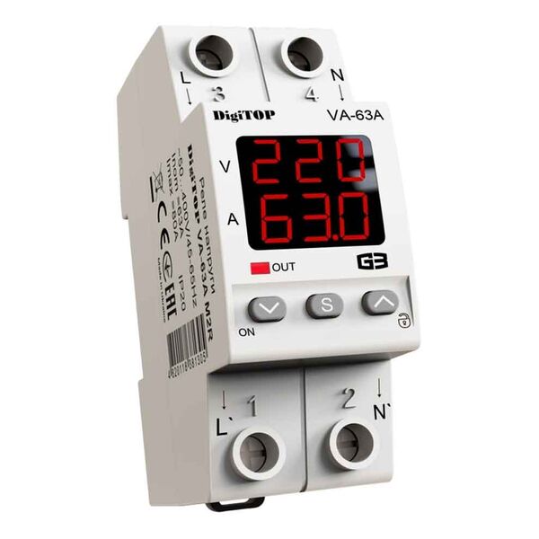 DigiTOP VA-63A M2R - реле напруги з контролем струму 63А DigiTOP VA-63A M2R - реле напруги з контролем струму 63А